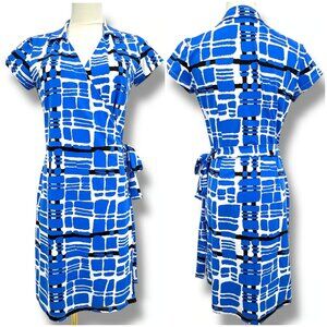 J Mclaughlin Midi Wrap Dress Catalina Cloth Blue Geometric Print Preppy size M